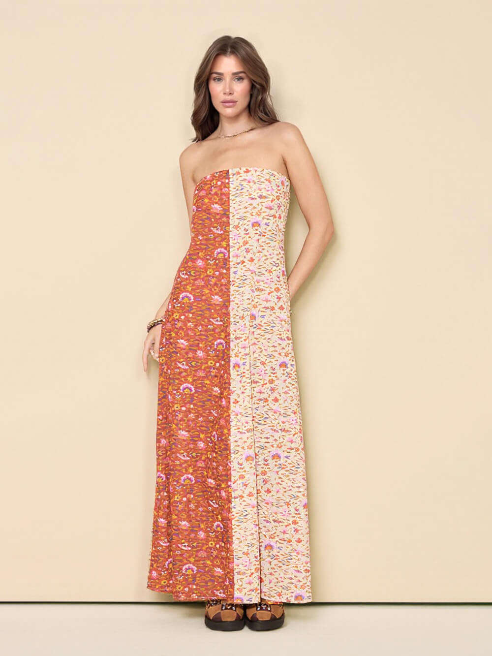Fashion Floral Printed Strapless Maxi Dress Multicolor
