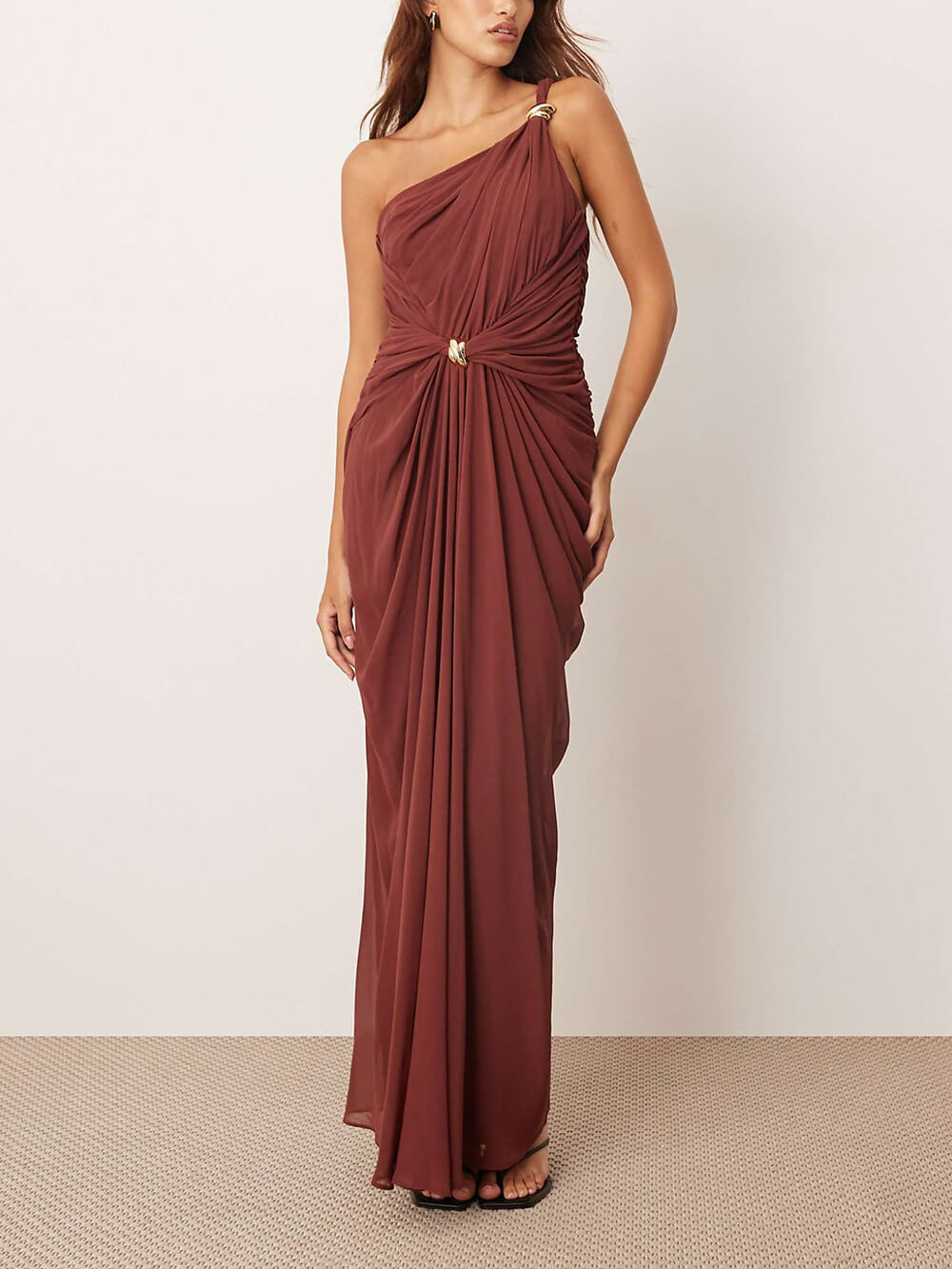 Elegant One-Shoulder Draped Twist Metal Trim Maxi Dress Chocolate