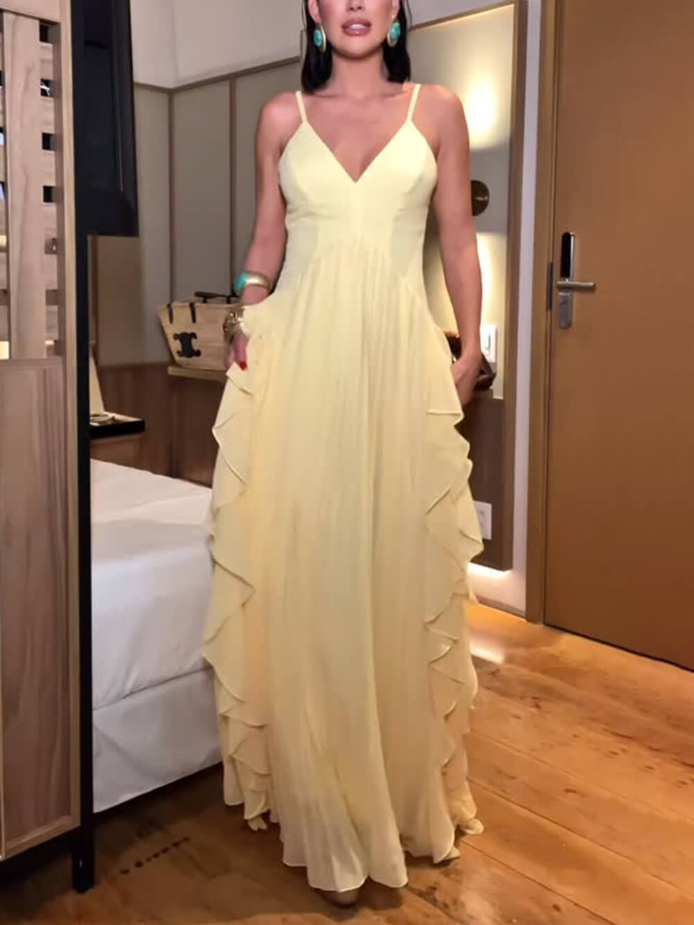 Delicate Yellow Layered Patchwork Ruched Party Maxi Dress Yellow