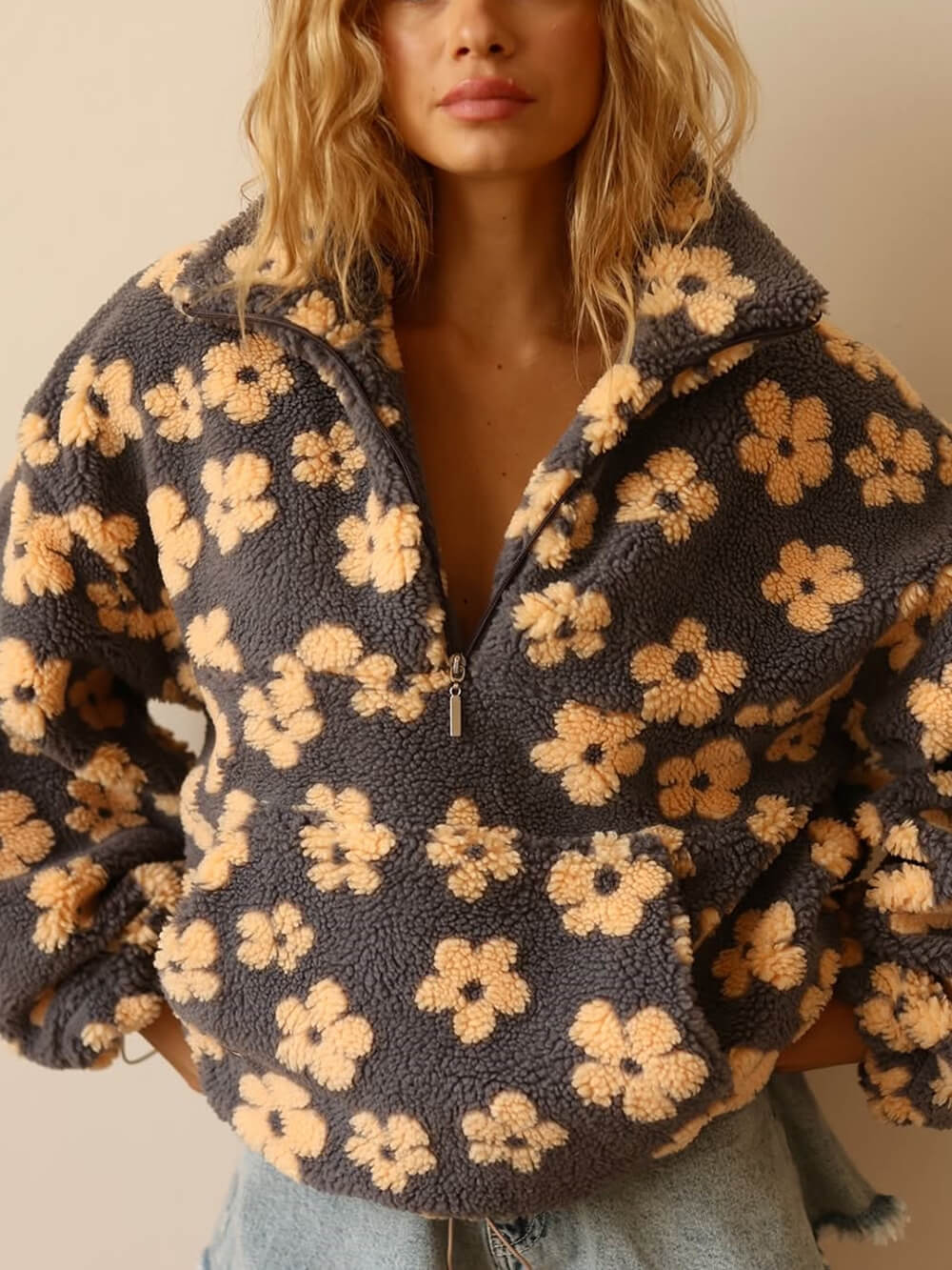 Fashion Printed Faux Shearling Zip-Up Sweatshirt Yellow