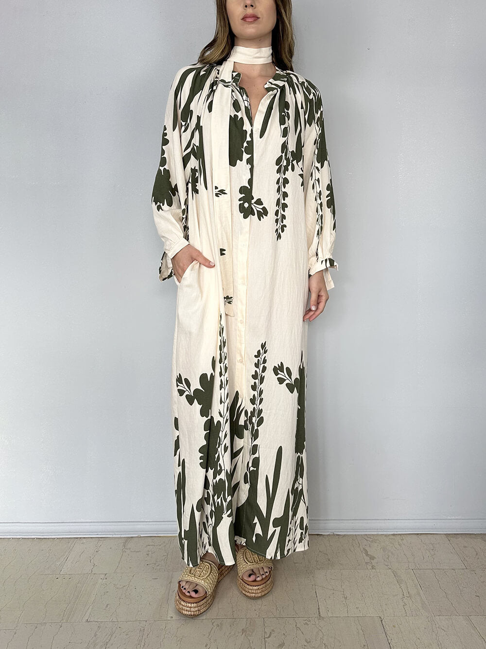 Bohemian Unique Print Slit Belted Maxi Dress Green
