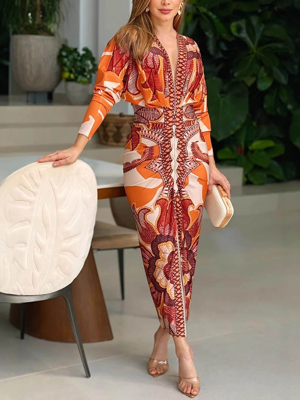 Elegant Floral Print Sexy V-Neck Long Sleeve Slit Dress Orange