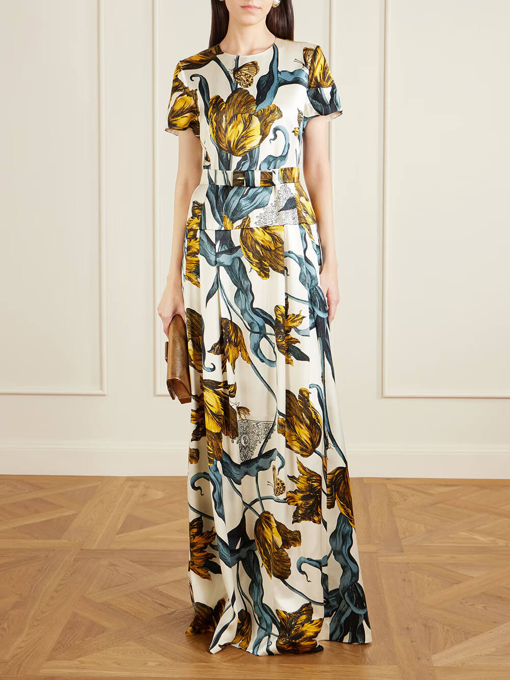 Fashion Printed Satin Waist-Cinching Maxi Dress Multi