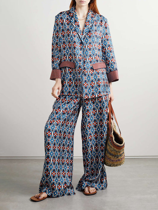 Unique Venice Print Satin Twill Elastic-Waist Wide-Leg Pants