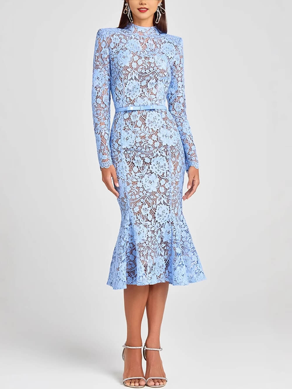 Elegant Lace Belted Long Sleeve Mermaid Midi Dress Blue