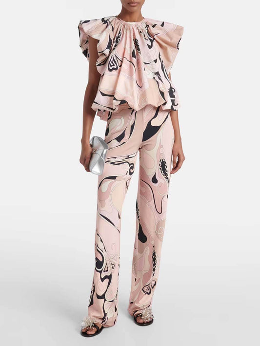 Delicate Orchid Print Bell Sleeve Pleated Top