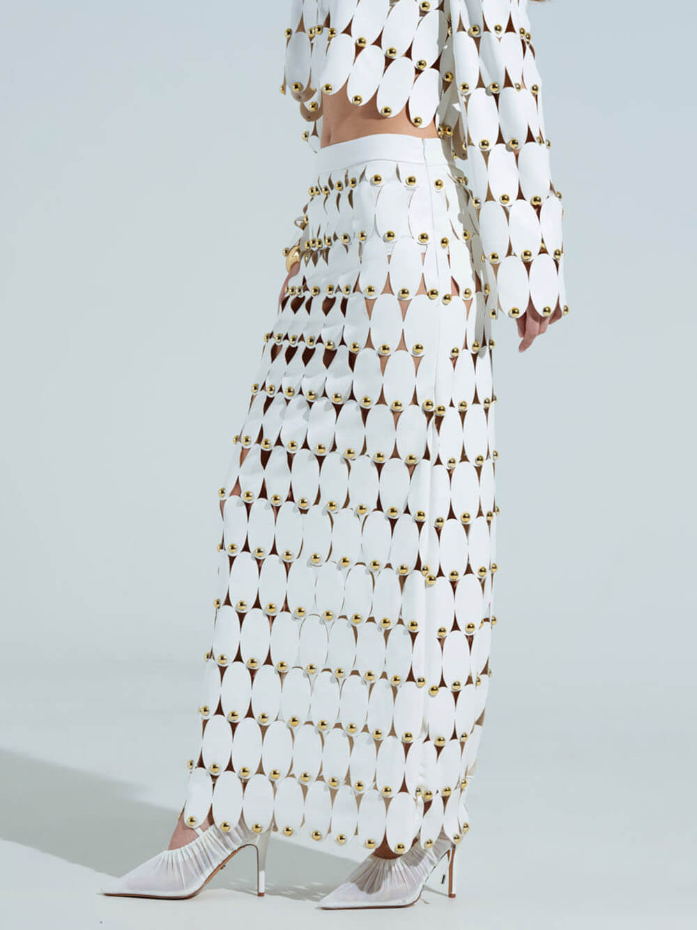Exquisite Cut-Out Studded PU Cropped Cardigan Top And Maxi Skirt Set