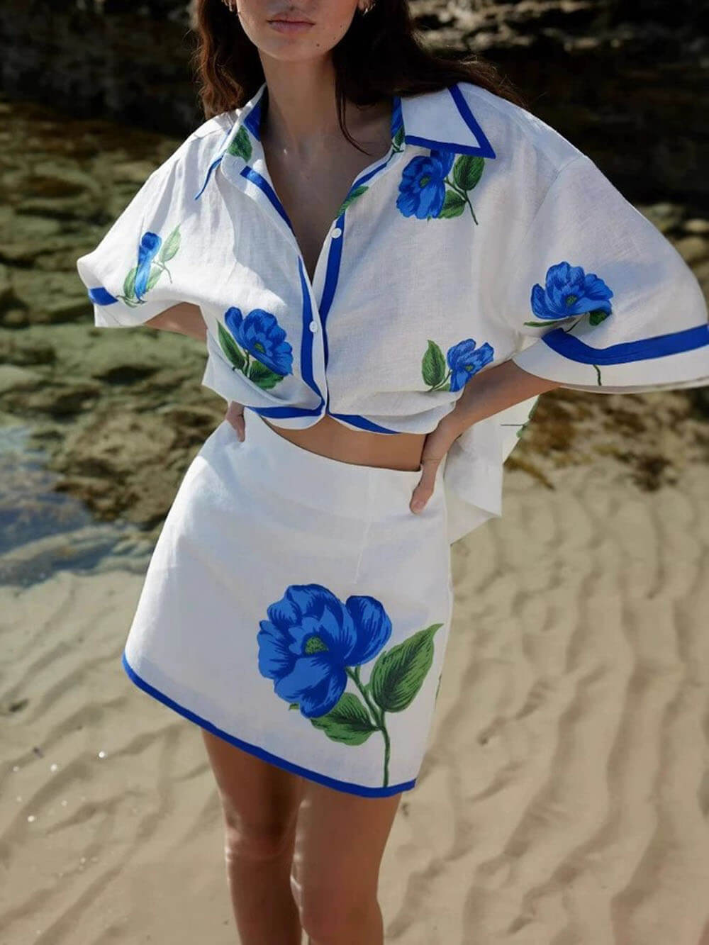 Casual Linen Floral Print Lining Hip-Hugging Mini Skirt Set White