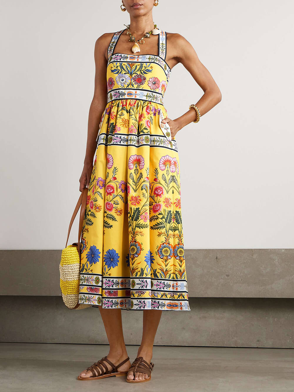 Unique Satin Floral Print Racerback With Pockets Midi Dress Yellow
