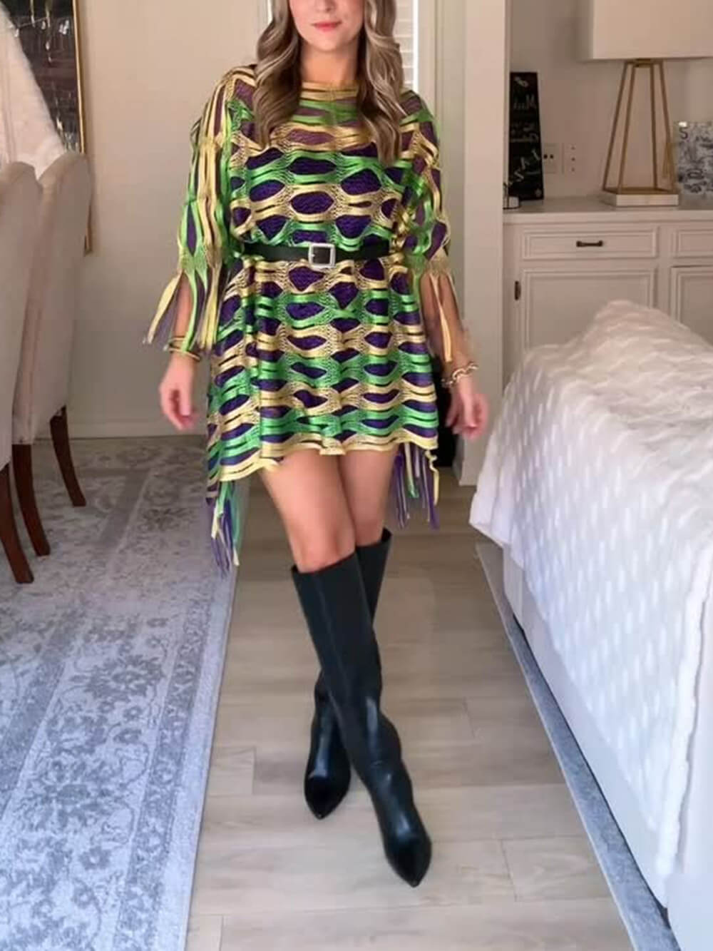Casual Tassel Patchwork Hollow-Out Shawl Mini Dress Multi-color