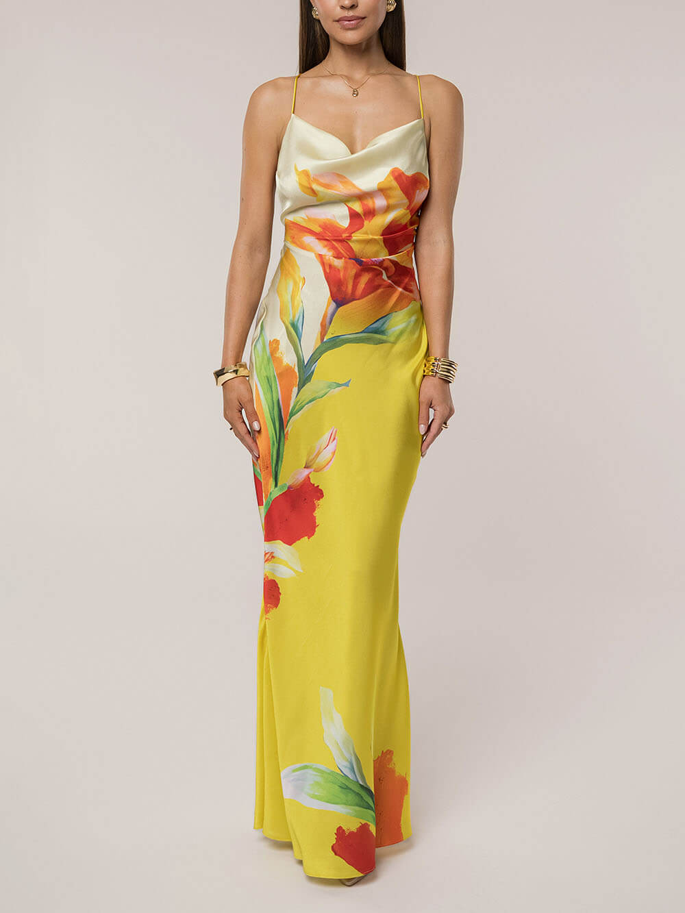 Elegant Satin Floral Print Cowl Neck Sexy Open Back Tie-up Maxi Dress Yellow