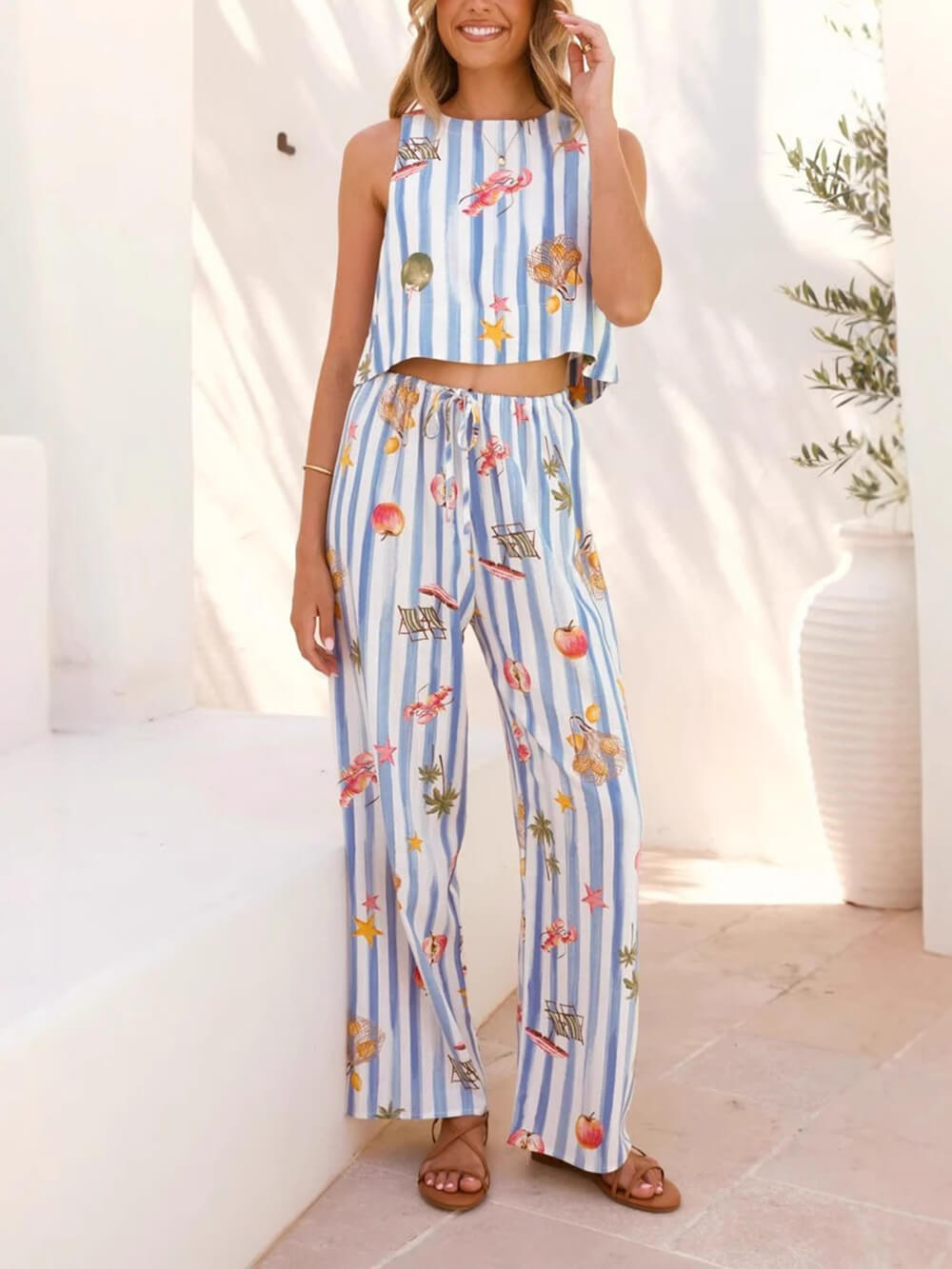 Casual Fruit Print Linen Sleeveless Striped Set Blue