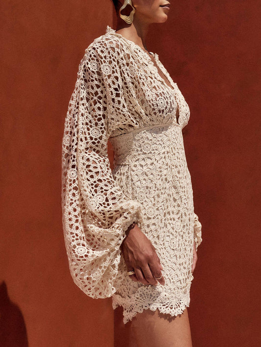 Exquisite Lace Puff Sleeve Mini Dress