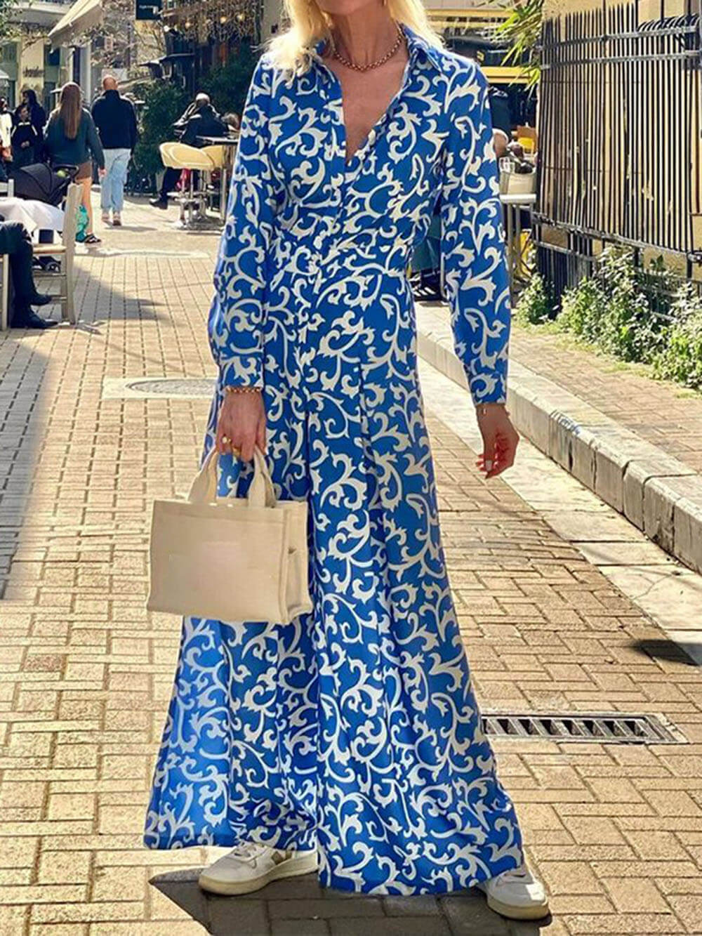 Fashion Print Lapel Waist Midi Dress Blue