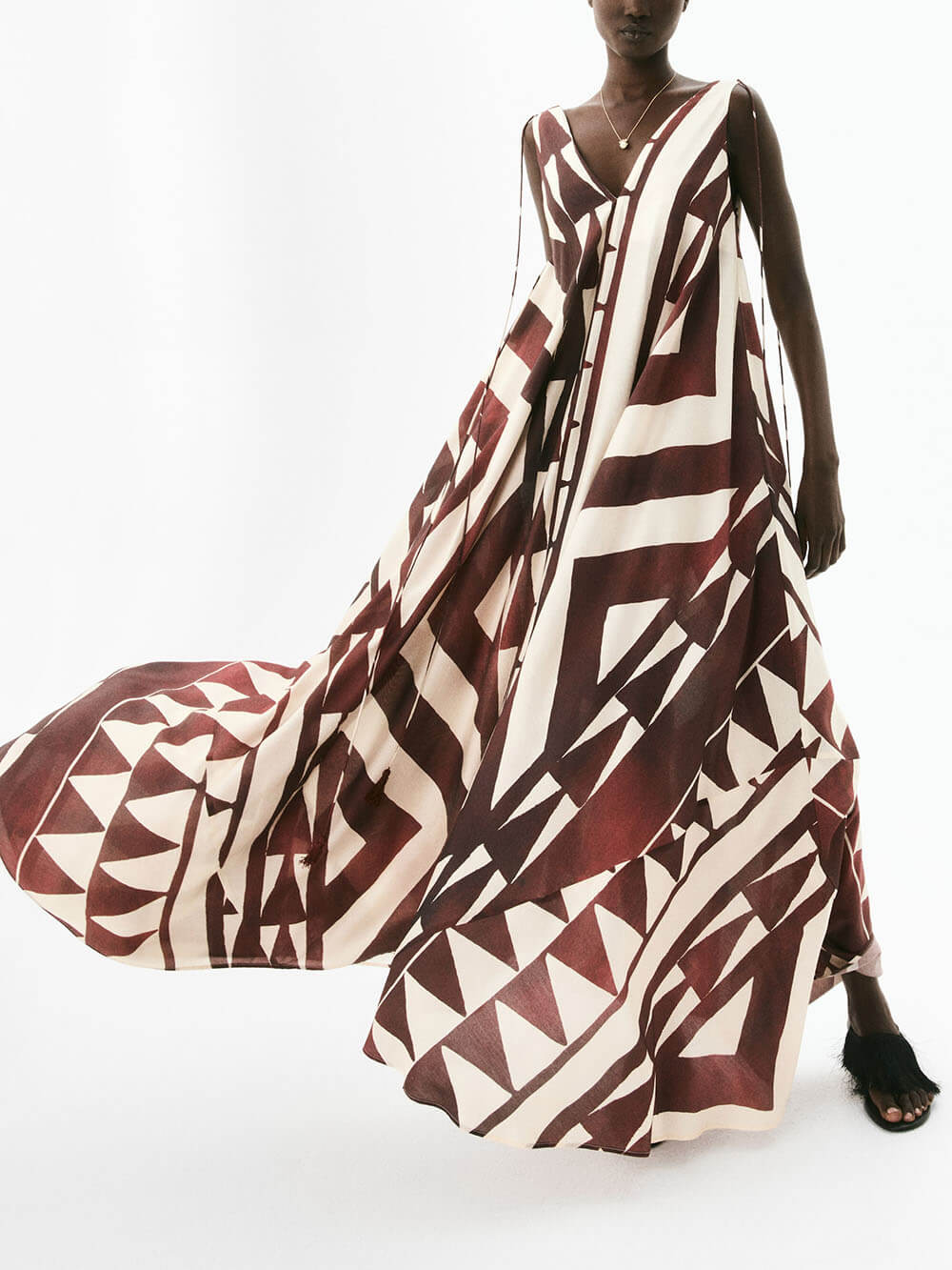 Casual V-Neck Printed Tie-Waist Loose Sleeveless Flowy Maxi Dress Rust Red