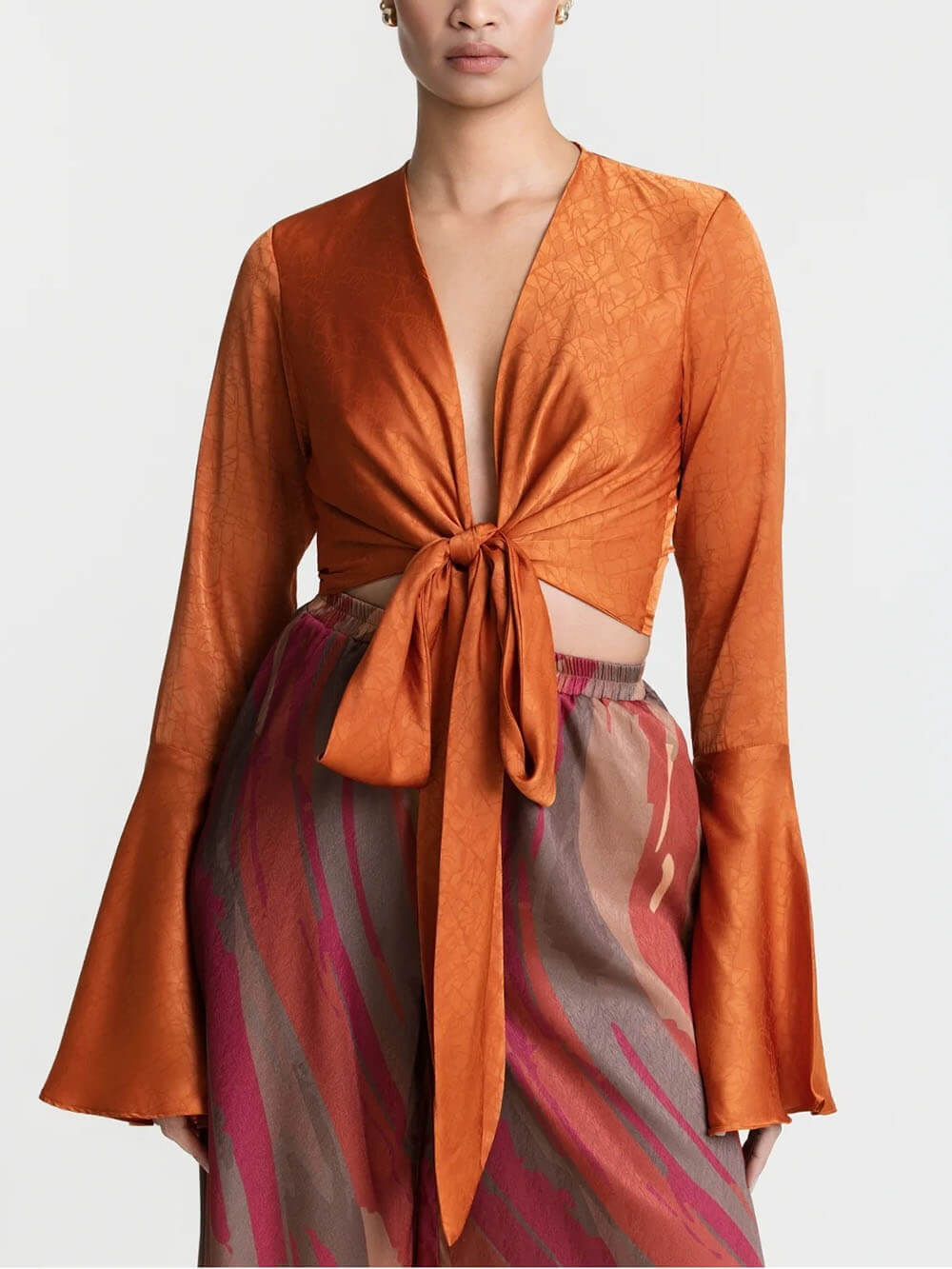 Casual Bell-Sleeve Tie-Up Top with Colorful Print High-Waisted Wide-Leg Pants Set Orange Top
