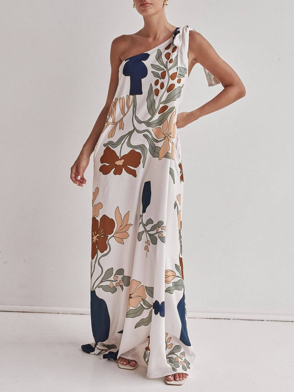 Unique Print One Shoulder Tie-up Pocketed Loose Maxi Dress White