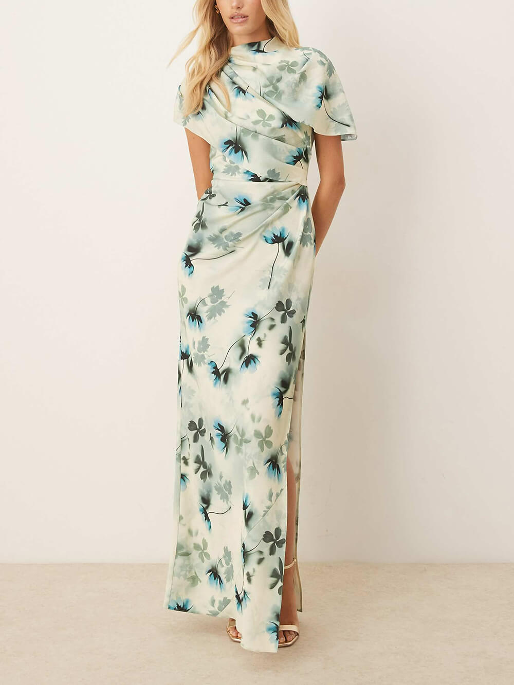 Exquisite Floral Print High Neck Cape Drape Bodycon Maxi Dress Green