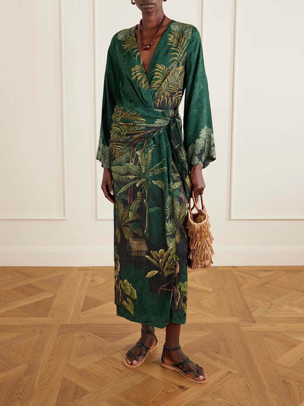 Fashionable Printed Satin Wrap Midi Dress Dark Green