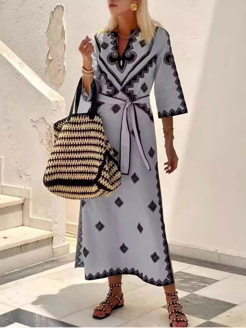 Bohemian Style Unique Print Belted Midi Dress Gray