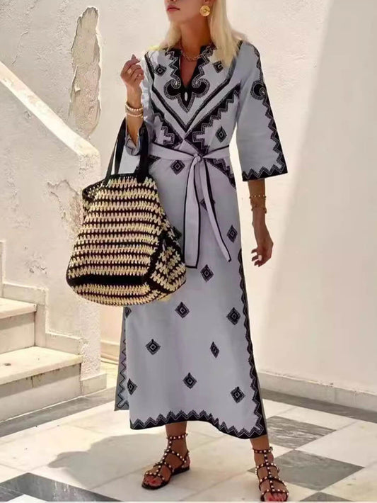 Bohemian Style Unique Print Belted Midi Dress Gray