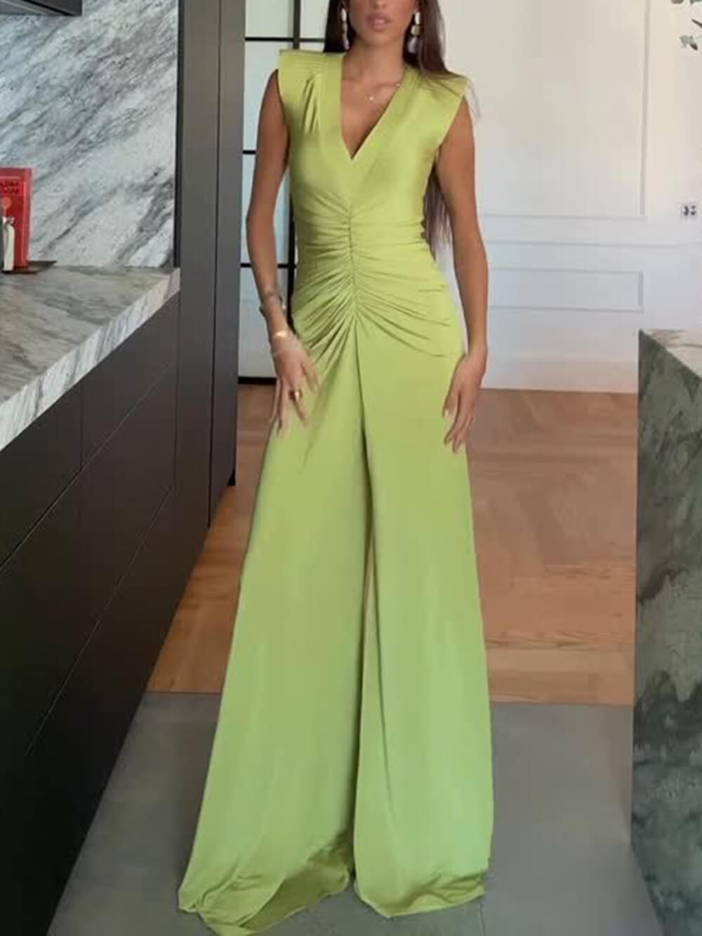 Elegant Ruched Stretch Slim Fit Floor-Length Jumpsuit Green