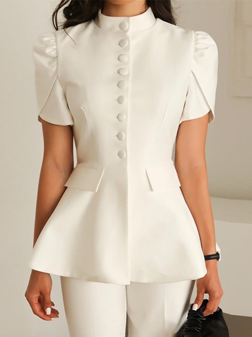 Sweet Stand Collar Single-Button High-Waist Top White