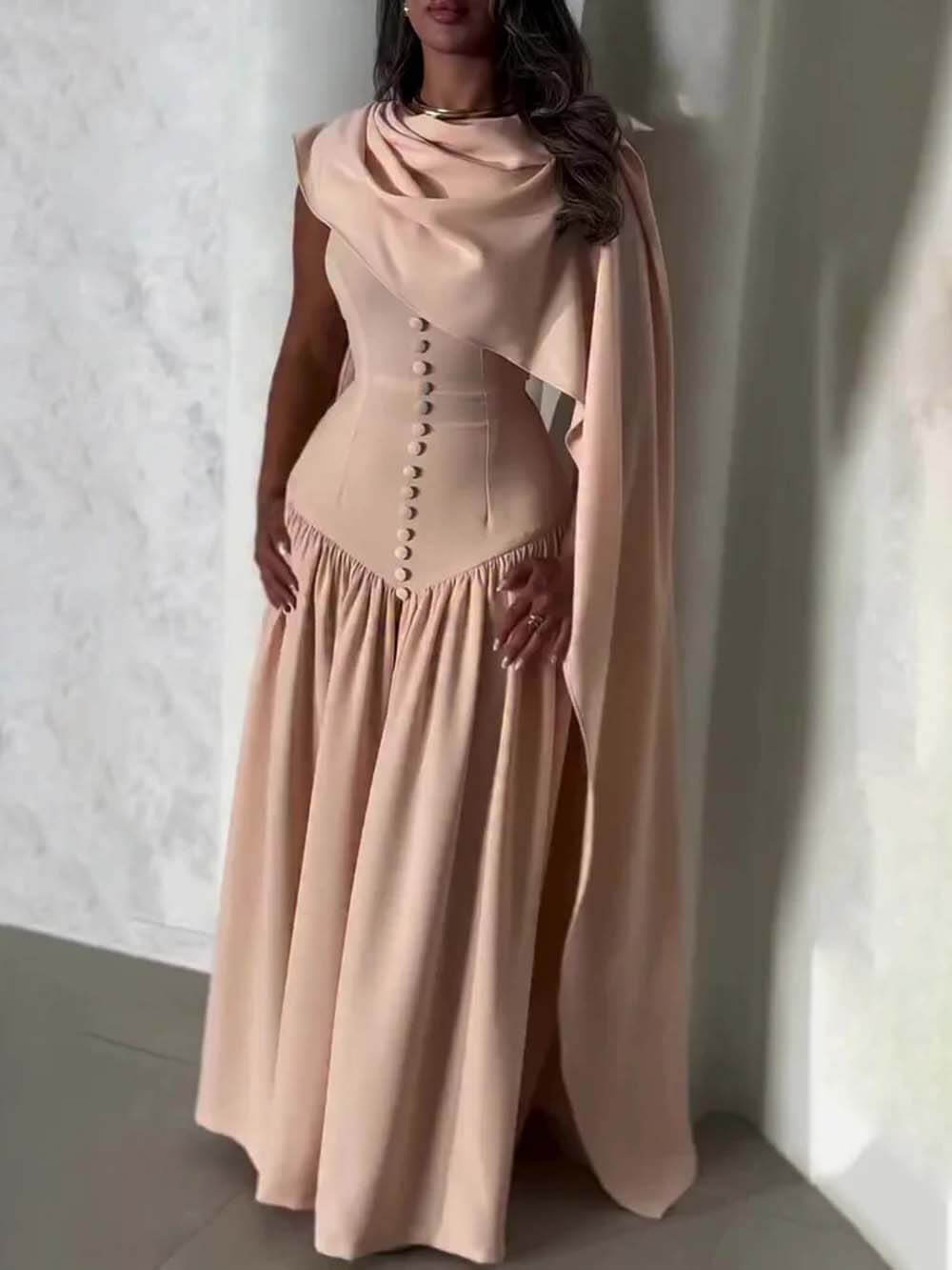 Exquisite Unique Cape-style Corset-bodice Maxi Dress Pink