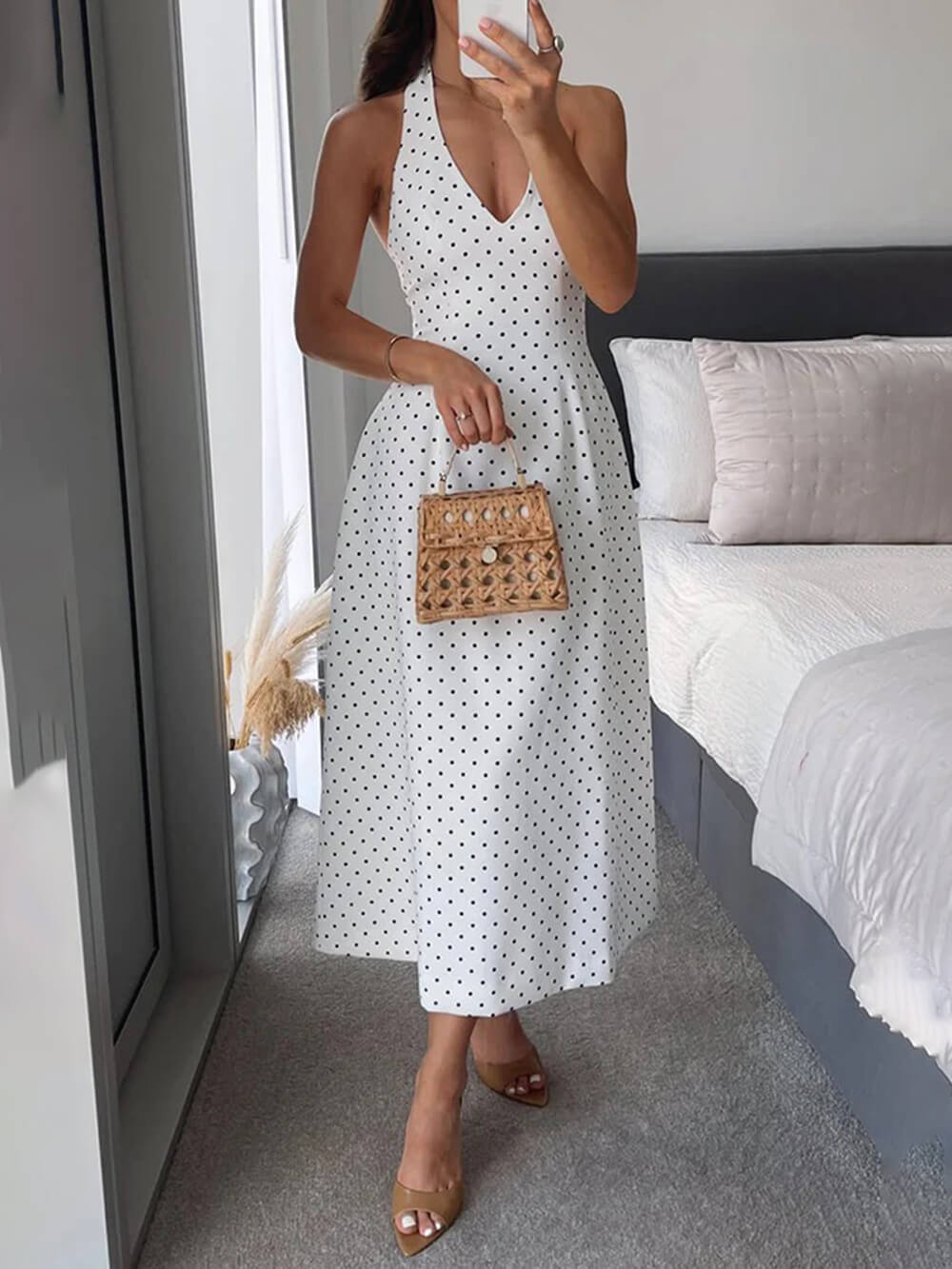 Classic Polka Dot Print Backless Tie Midi Dress White