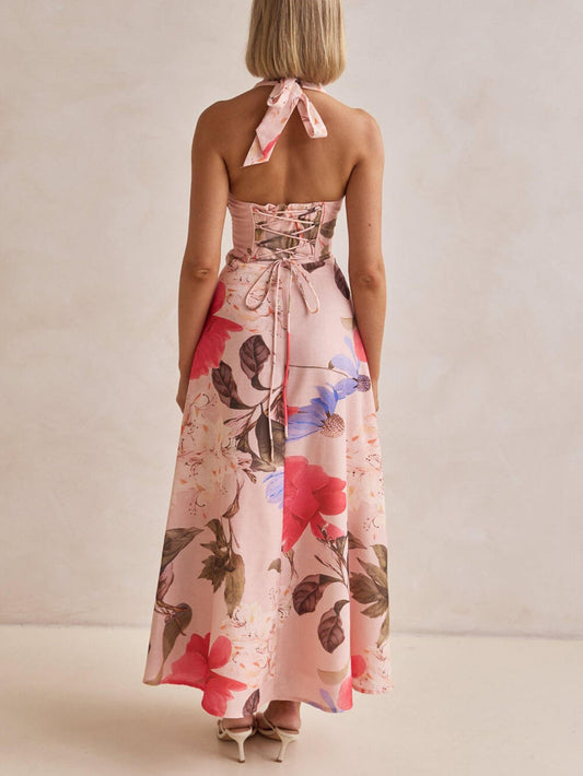 Retro Terez Linen Floral Print Halter Backless Tie-Up Maxi Dress