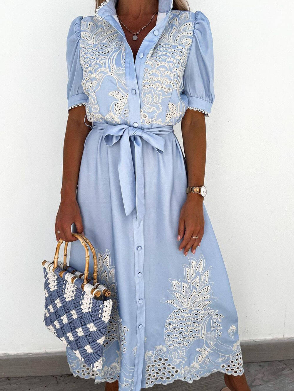 Exquisite Lace Stitching Hollow Waist Wide Swing Dress Sky Blue