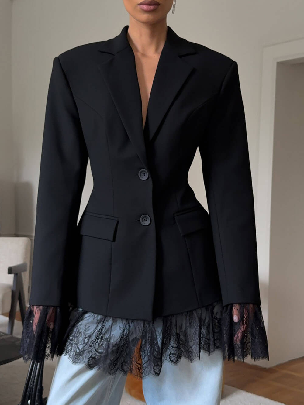 Casual Lace Hem Detail Black Blazer Black