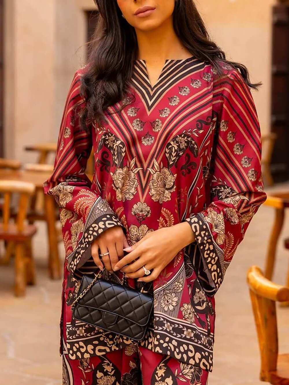 Unique Floral Print Patchwork Loose Oversized Shirt Red