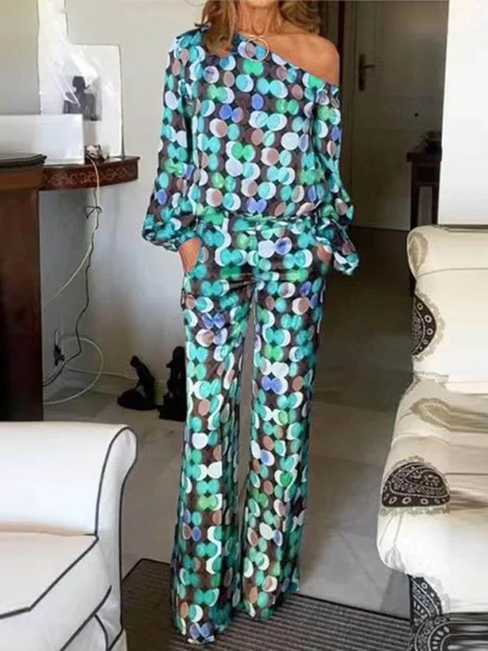 Elegant And Unique Large Polka Dot Printed Off-Shoulder Tops Elastic Pockets Straight Pants Suits Blue