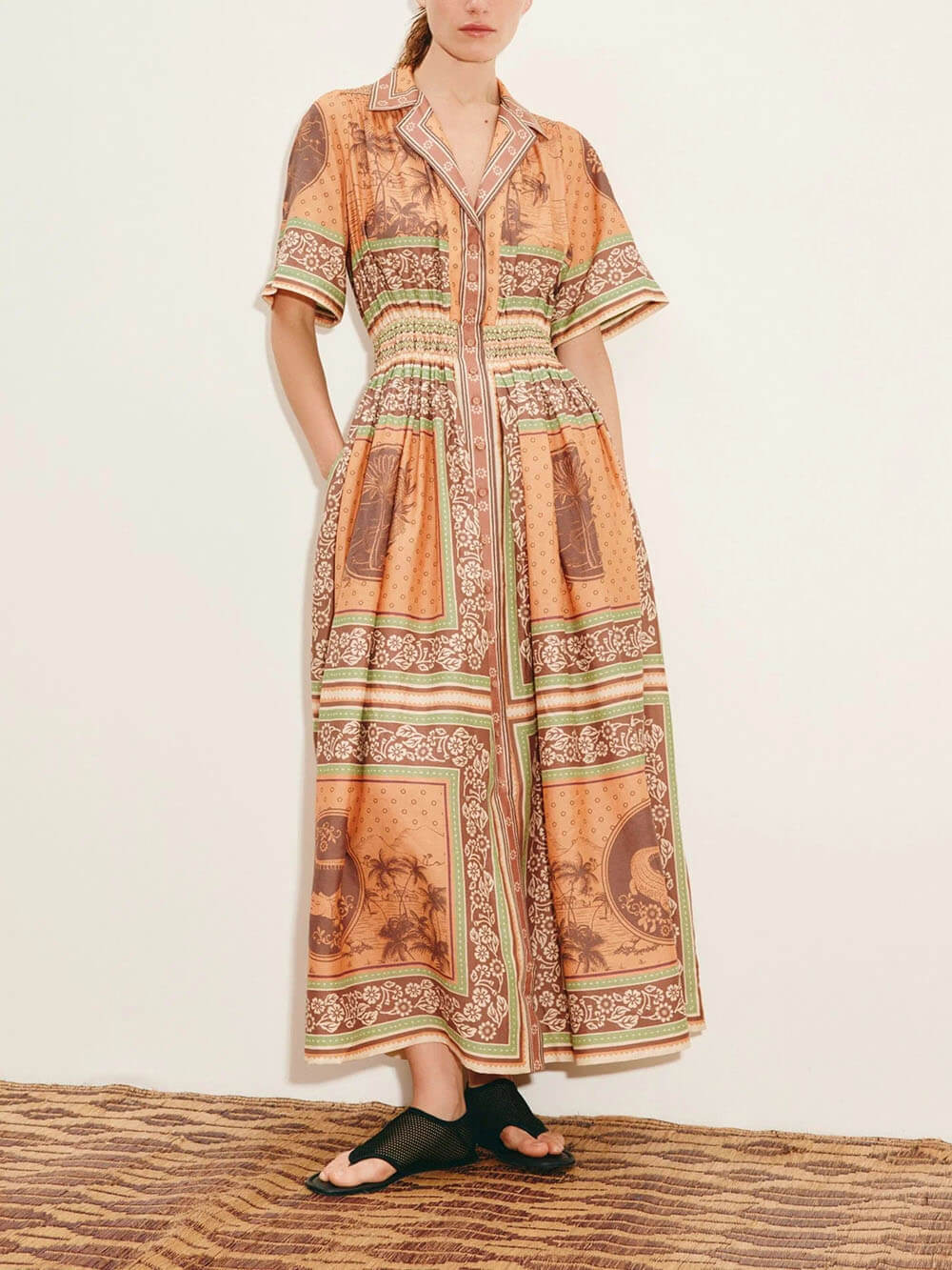 Modern Print Waist-Defined Ruched Button-Front Pocket Maxi Shirtdress Multicolor