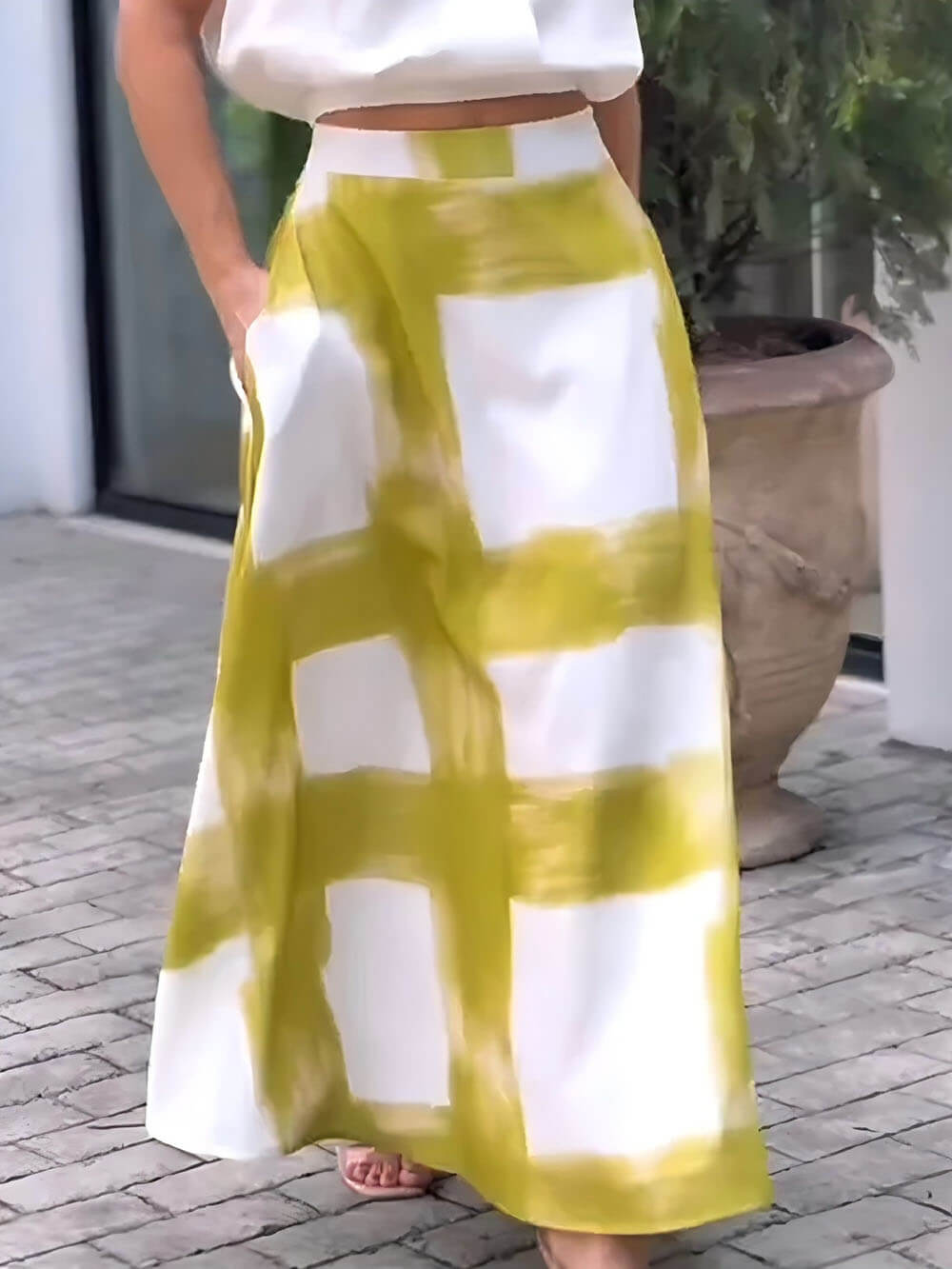 Classic Brushstroke Print Linen Pocket Skirt Green