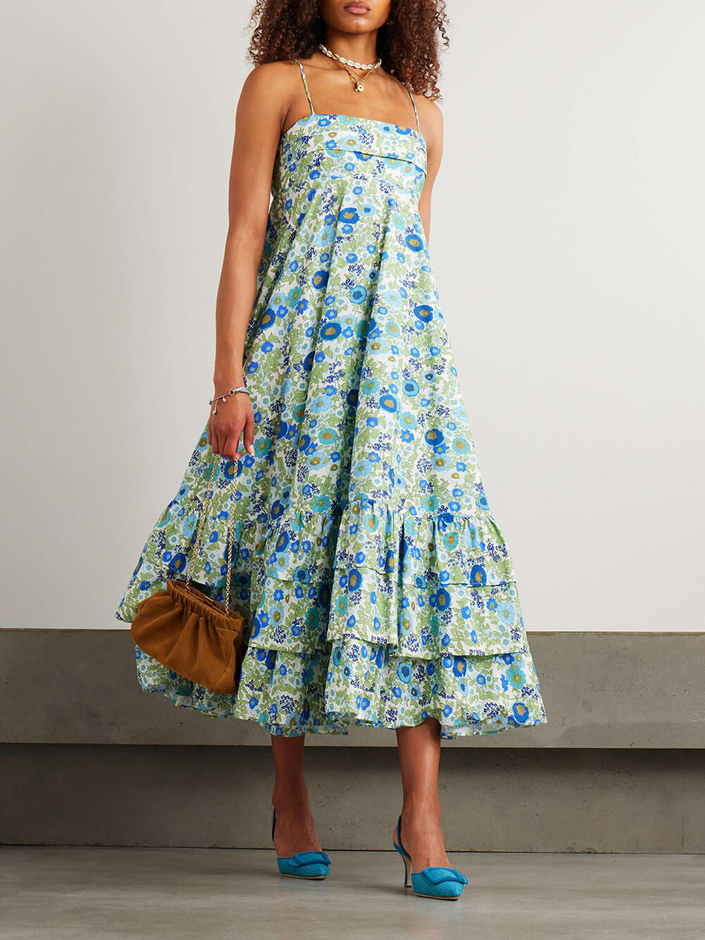 Delicate Layered Ruffled Floral Print Halter Midi Dress Blue