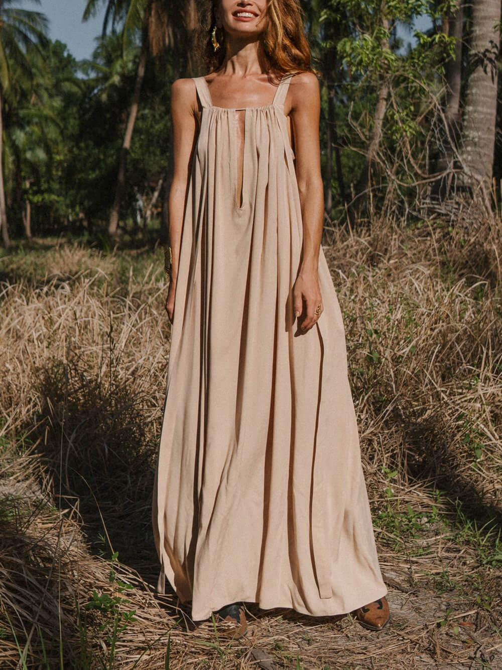Elegant Square Neckline Beige Backless Flowing Ties Maxi Dress Light Beige