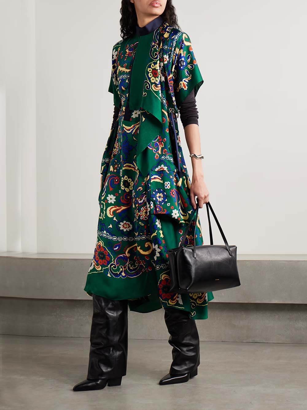 Unique Draped Print Satin Midi Dress Green