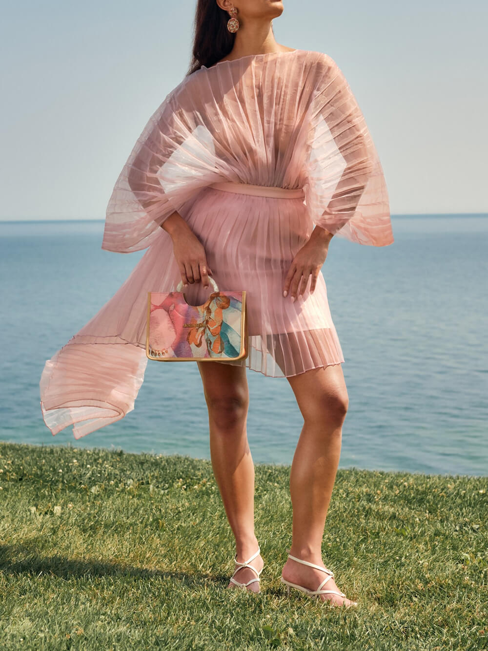 Delicate Cape Top And Asymmetric Pleated Mini Skirt Set Pink