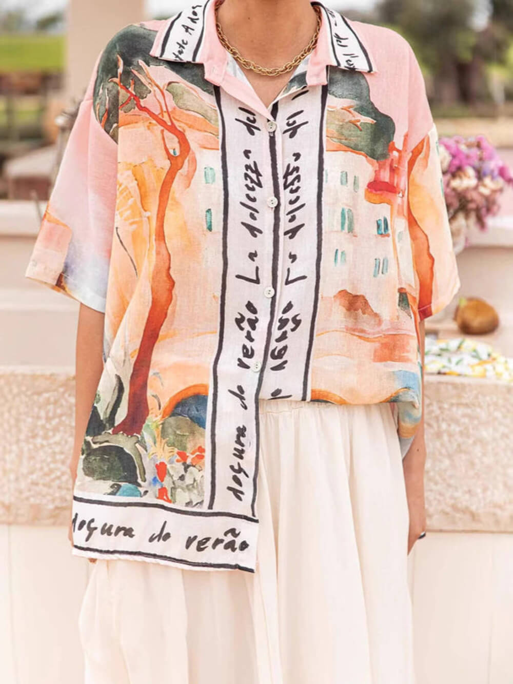 Unique Casual Print Lapel Short Sleeve Button-Down Oversized Shirt Multicolor