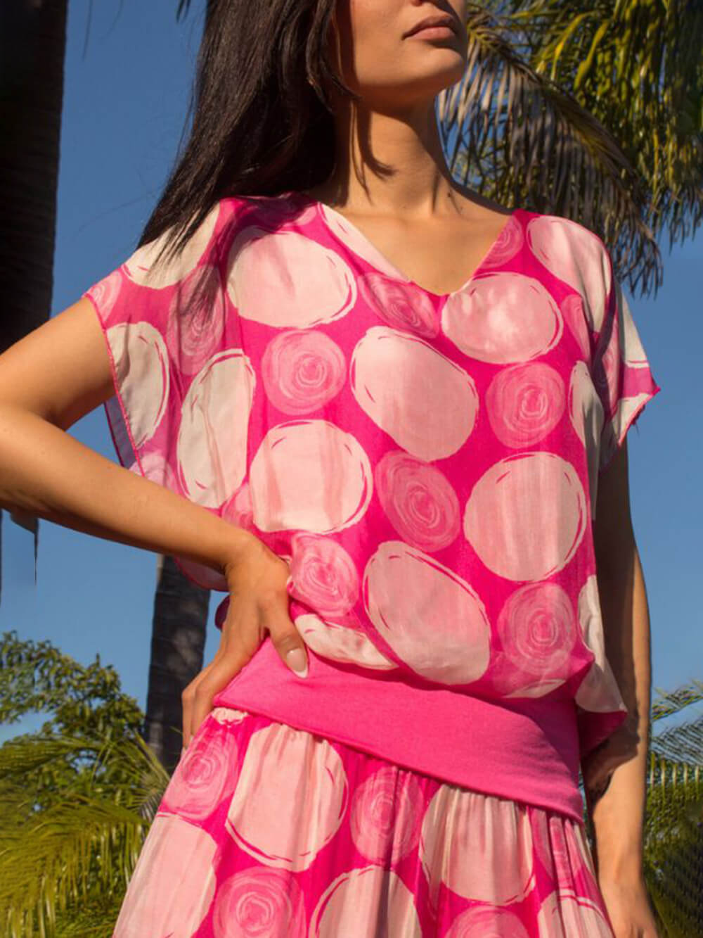 Bohemian Ruffle Sleeve Swirl Dot Print Top Pink