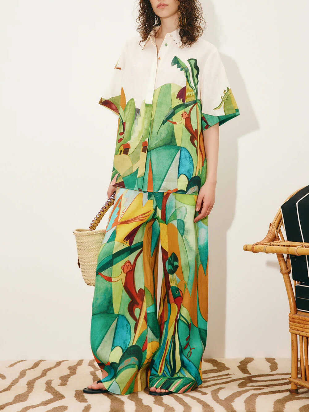 Unique Modern Linen Abstract Print Button-Up Shirt And Loose Wide-Leg Pants Set Multicolor Set