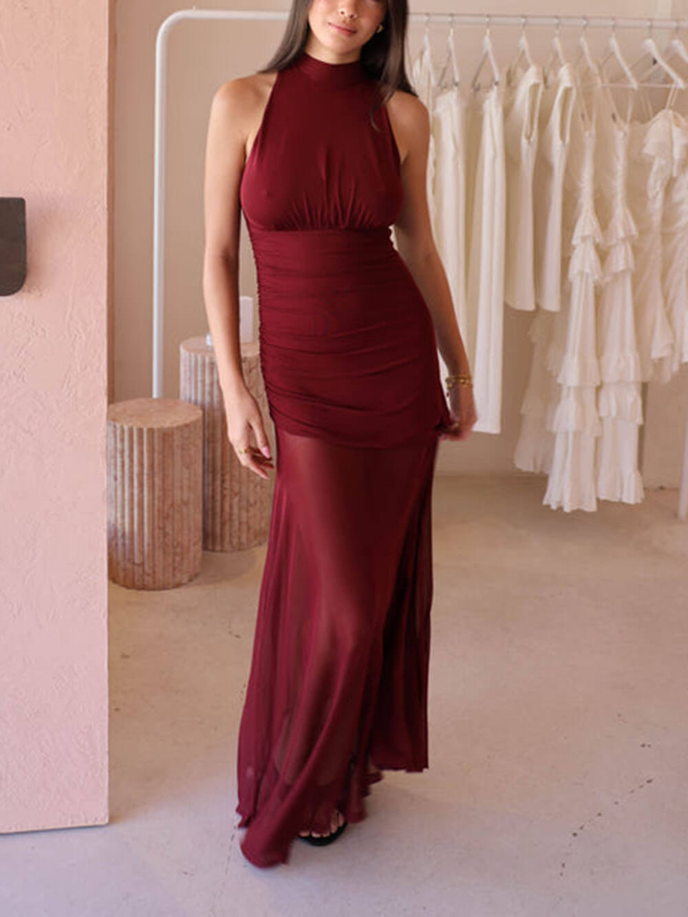 Fresh Style Mesh Paneled Pleated Bow Tie Maxi Dress Burgundy