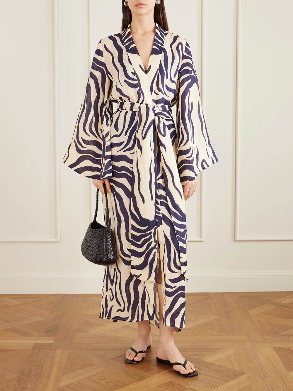 Casual Vacation Tie-Waist Zebra Print Linen Kimono Dress Ivory