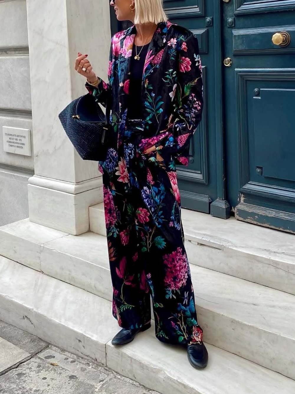 Retro Floral Print Elastic Waist Pocket Wide-Leg Pants