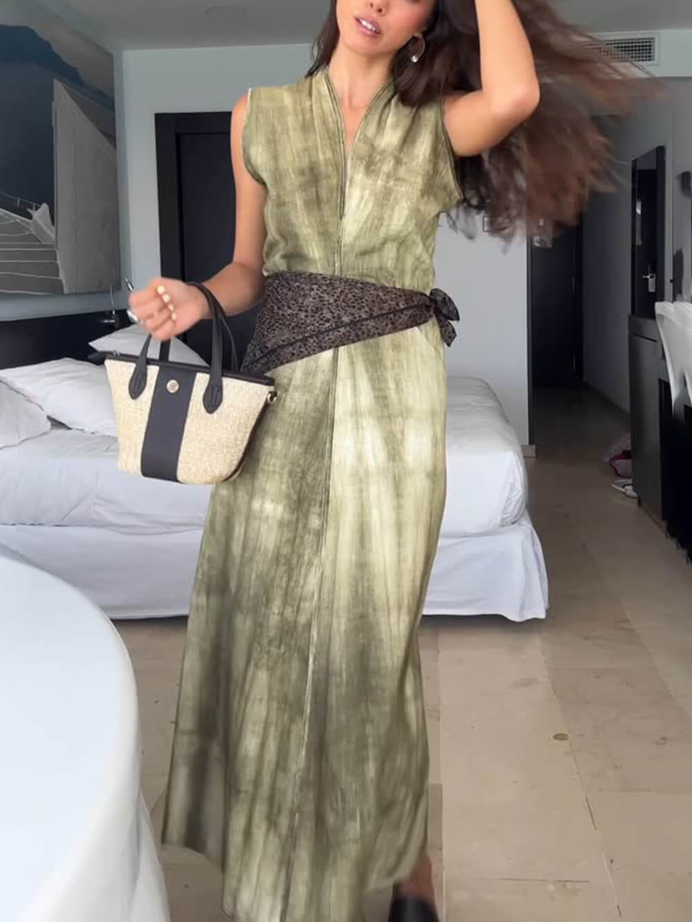 Exquisite Abstract Tie-Dye Print Linen Sleeveless Vacation Midi Dress Green