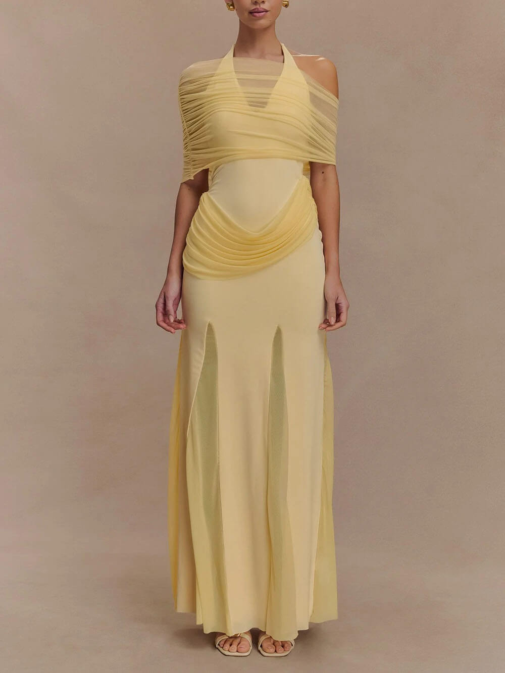 Elegant Bodycon Mesh Maxi Dress Lemon Yellow