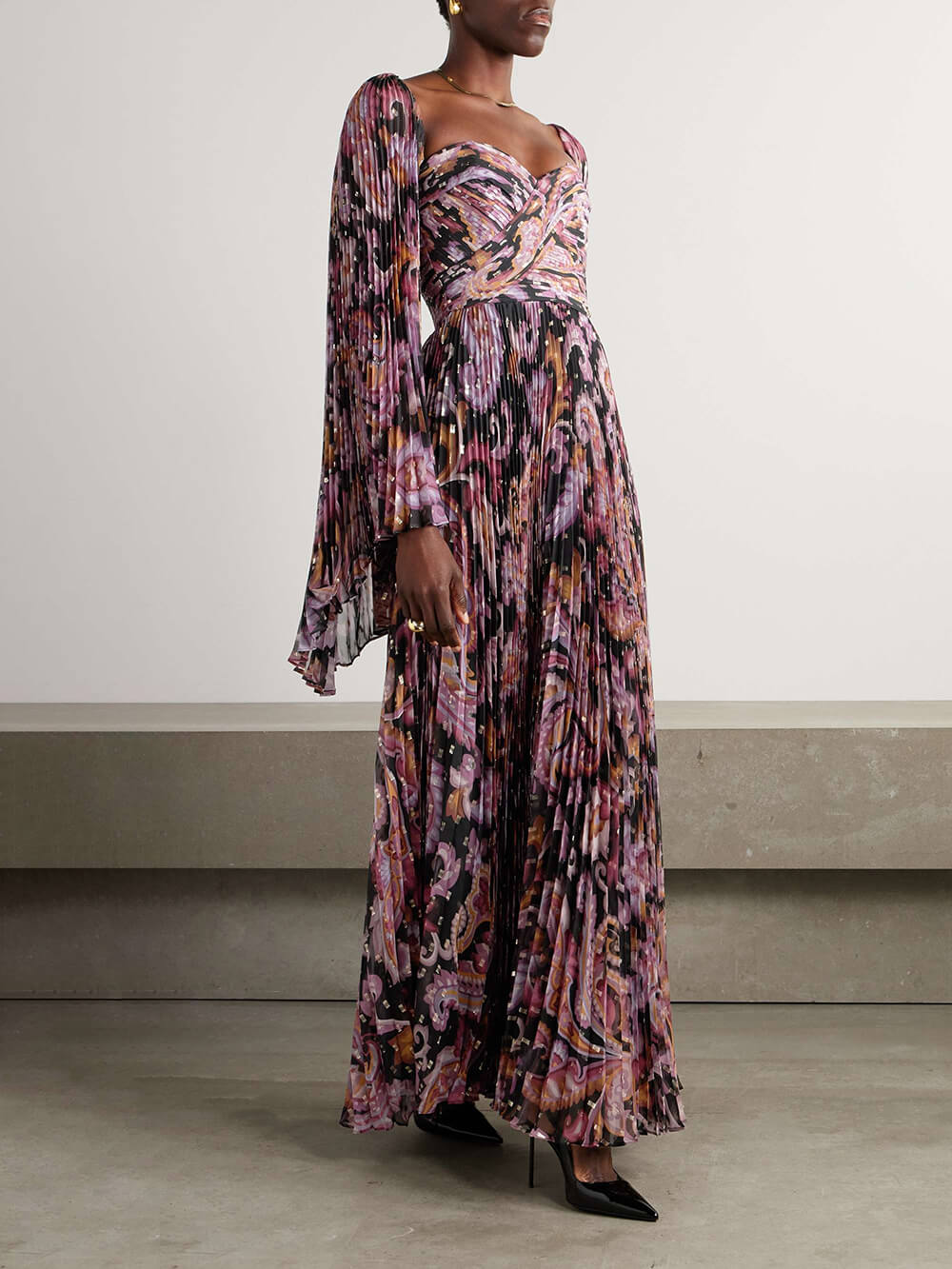 Exquisite Printed Metallic Pleated Chiffon Trumpet Sleeve Maxi Dress Pink