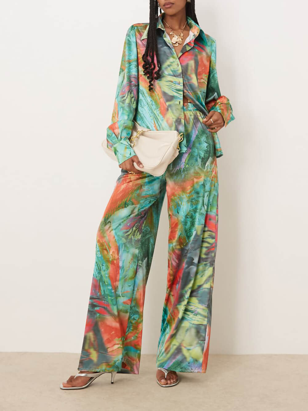 Unique Artistry in Motion Satin Oil Painting Print Button-Up Shirt